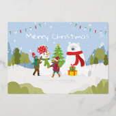 キュートなメリークリスマスファミリーカスタムシルバー 箔シーズンカード (正面)
