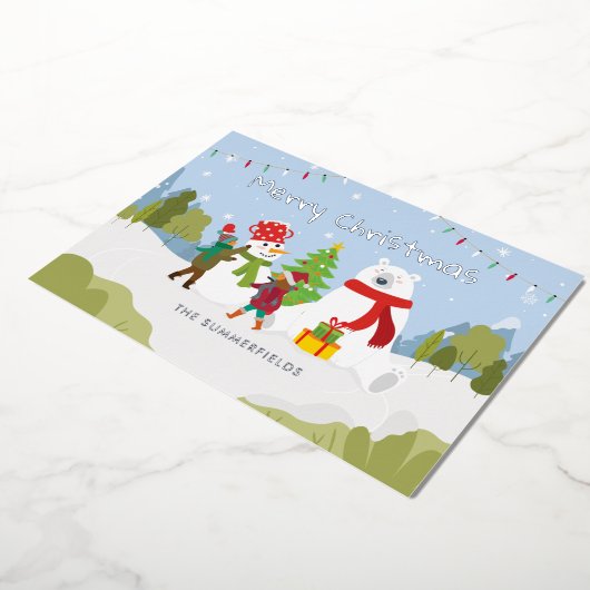 キュートなメリークリスマスファミリーカスタムシルバー 箔シーズンカード (回転した状態)