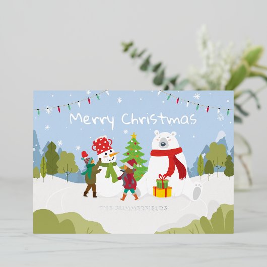 キュートなメリークリスマスファミリーカスタムシルバー 箔シーズンカード (立ち正面)