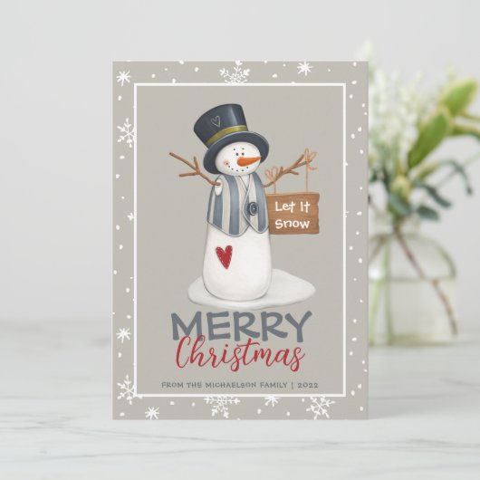 キュートなメリークリスマス雪だるまがスノーカードを渡す 招待状 (スタンド正面)