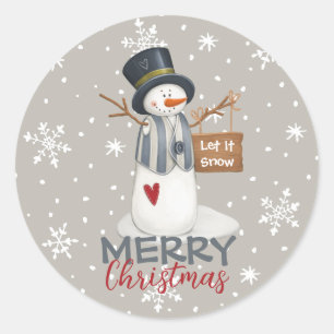 キュートなメリークリスマス雪だるまが雪を降らせる ラウンドシール