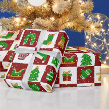 キュートなメリークリスマス 赤と緑のスクエア柄 