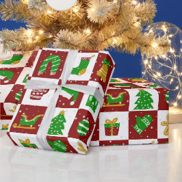 キュートなメリークリスマス 赤と緑のスクエア柄 ラッピングペーパー