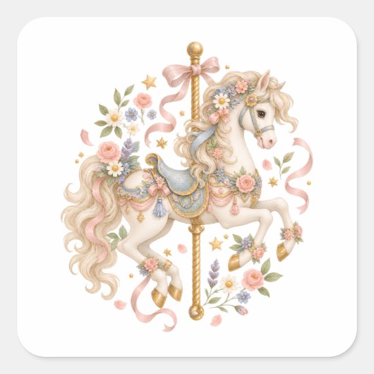 キュートなメリーゴーラウンドの馬 ビンテージアート スクエアシール (正面)