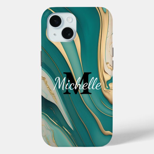 キュートなモノグラムアクアゴールド流体アート大理石の美意識 Case-Mate iPhoneケース (裏面)