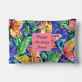 キュートなモノグラムハッピーバースデーピンク蝶 アクセサリーポーチ