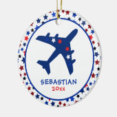 キュートなモノグラム飛行機星クリスマス セラミックオーナメント (左)