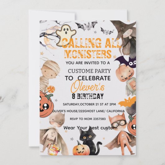 キュートなモンスターのハロウィンお誕生日会招待状 招待状 (正面)
