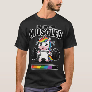キュートなユニコーンのウエイトリフティング ワークアウト 面白いジム Tシャツ