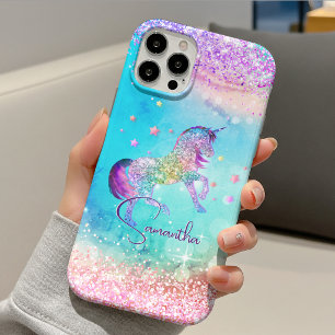 キュートなユニコーンのピンクのラメ レインボー アクア モノグラム iPhone 11 PROケース