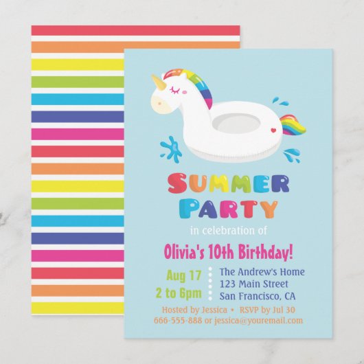 キュートなユニコーンのプールフロート 子供の夏の誕生日会 招待状 (正面/裏面)