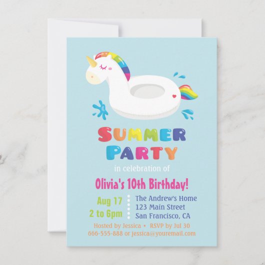 キュートなユニコーンのプールフロート 子供の夏の誕生日会 招待状 (正面)