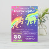 キュートなユニコーンの双子 誕生日パーティーの招待状 招待状 (スタンド正面)