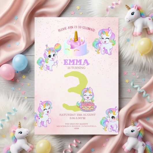 キュートなユニコーンの子供の誕生日パーティー 招待状