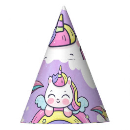 キュートなユニコーンの虹の誕生日招待状 パーティーハット