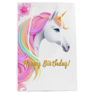 キュートなユニコーンの誕生日ギフトバッグ ミディアムペーパーバッグ