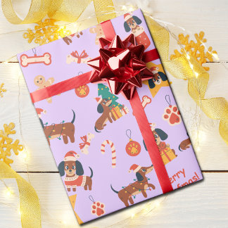 キュートなライラックのクリスマスのダックスフント メリー・ウーフマス ラッピングペーパー
