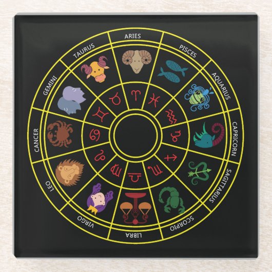 キュートなラウンド〔占星術の〕十二宮図のシンボルとシンボルや象徴 ガラスコースター (正面)