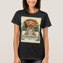 キュートなラブラドゥードル ビンテージサンセット フラワーモチーフの犬好きTシャツ Tシャツ