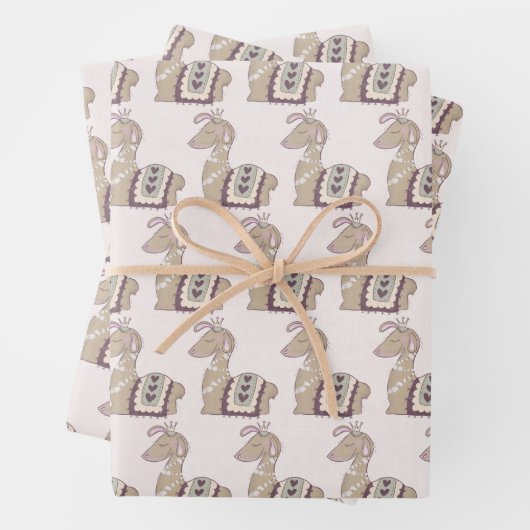 キュートなラマプリンセスクラウン付き ラッピングペーパーシート (インサイチュ)