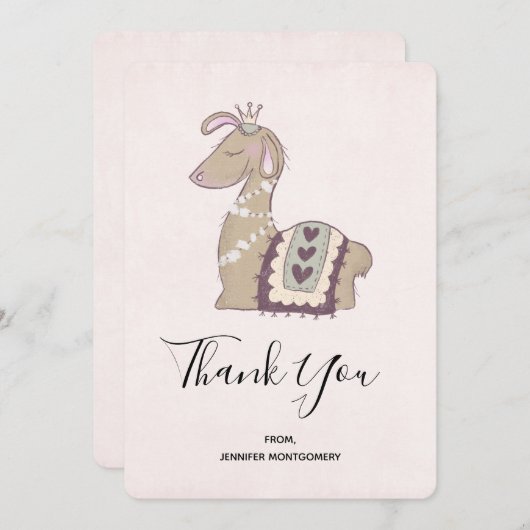 キュートなラマプリンセス王冠をかぶってありがとう サンキューカード (正面/裏面)