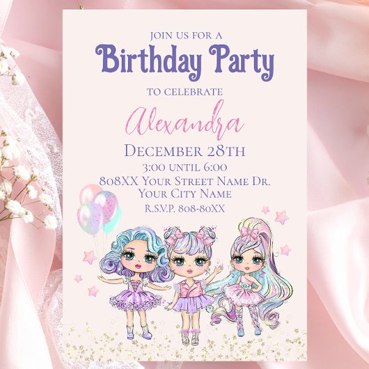 キュートなラメのドール 女子の誕生日パーティー 招待状