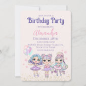 キュートなラメのドール 女子の誕生日パーティー 招待状 (正面)