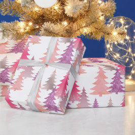 キュートなラメピンクのクリスマスツリーパターン ラッピングペーパー