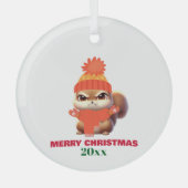 キュートなリスのサンタハットメリークリスマスカスタム、 ガラスオーナメント (正面)