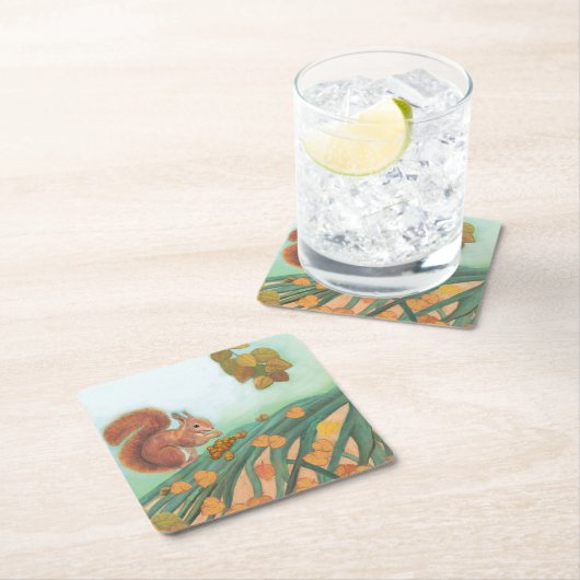 キュートなリス食べルはハゼルナッツイラストレーション スクエアペーパーコースター (インサイチュ)
