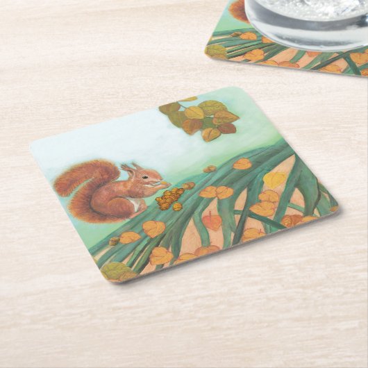 キュートなリス食べルはハゼルナッツイラストレーション スクエアペーパーコースター (アングル)