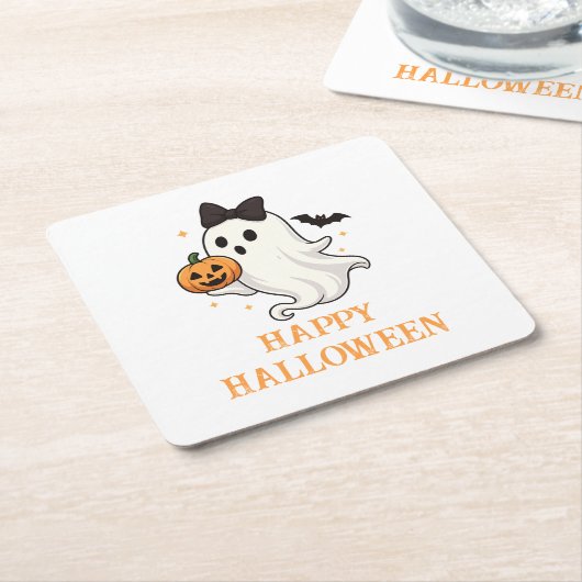 キュートなリボン付きのおばけとかぼちゃ | ハロウィン スクエアペーパーコースター (アングル)