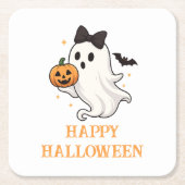 キュートなリボン付きのおばけとかぼちゃ | ハロウィン スクエアペーパーコースター (正面)