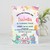 キュートなレインボー恐竜ユニコーン誕生日パーティー 招待状 (スタンド正面)