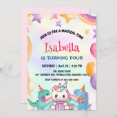 キュートなレインボー恐竜ユニコーン誕生日パーティー 招待状 (正面/裏面)