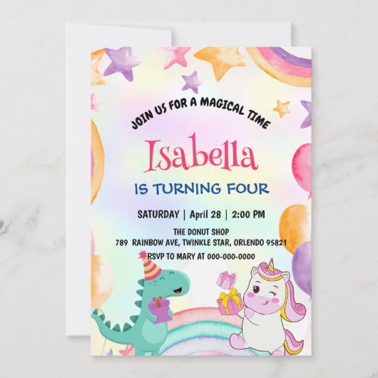 キュートなレインボー恐竜ユニコーン誕生日パーティー 招待状 (正面)