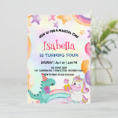 キュートなレインボー恐竜ユニコーン誕生日パーティー 招待状 (スタンド正面)