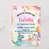 キュートなレインボー恐竜ユニコーン誕生日パーティー 招待状 (正面/裏面)