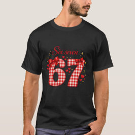 キュートなレッドチェックの67にリボンとハート Tシャツ