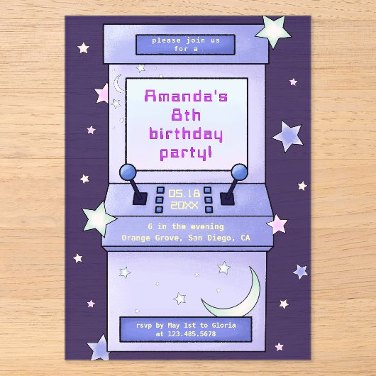 キュートなレトロアーケードゲームの子供の誕生日 アクリル招待状 (正面)