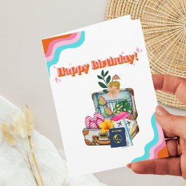 キュートなレトロトランク、旅行ママ、楽しい誕生日、写真 カード