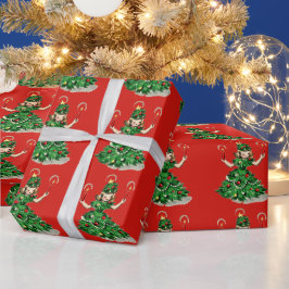 キュートなレトロビンテージクリスマスツリーガール ラッピングペーパー