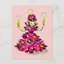 キュートなレトロビンテージ ピンクのクリスマスツリーの女の子