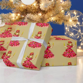 キュートなレトロビンテージ ピンクゴールド クリスマスツリーガール ラッピングペーパー