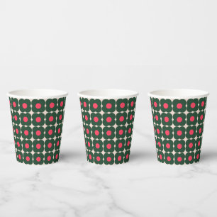 キュートなレトロポップフラワーパターンクリスマスグリーンとピンク 紙コップ