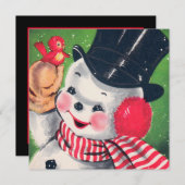 キュートなレトロヴィンテージクリスマス雪だるまホリデーパーティー 招待状 (正面/裏面)