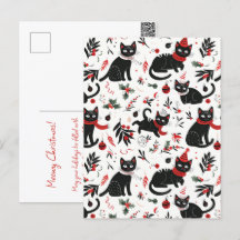 キュートなレトロ黒猫のクリスマス ポストカード