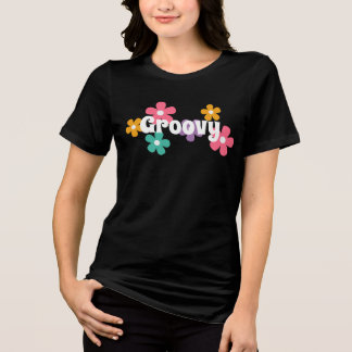 キュートなレトロ70年代グルーヴィーダイジーフラワーパワー トライブレンドTシャツ