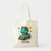 キュートなレーシングトレックス恐竜とレースカー トートバッグ (正面)