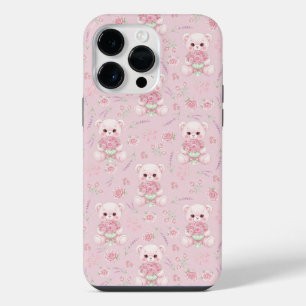 キュートなローズベアと花束のシームレスパターン iPhone 14 PRO MAXケース